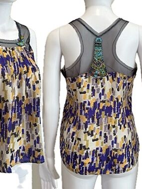 Solemio Silk Beaded Racerback Tank Top Womens Size M Sheer Mesh Geometric Boho